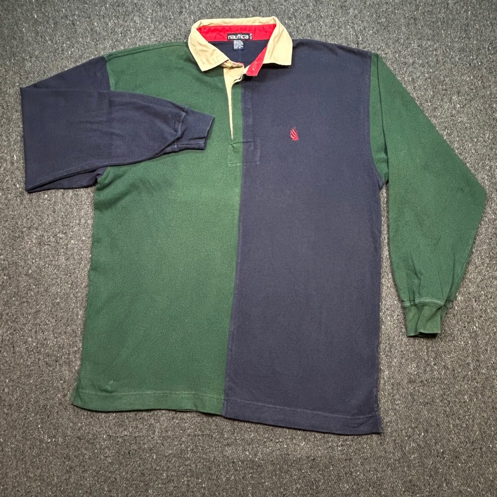 Nautica Rugby Shirt Sz XL Mens Navy Green Colorblock Preppy Vintage 90s Long Slv